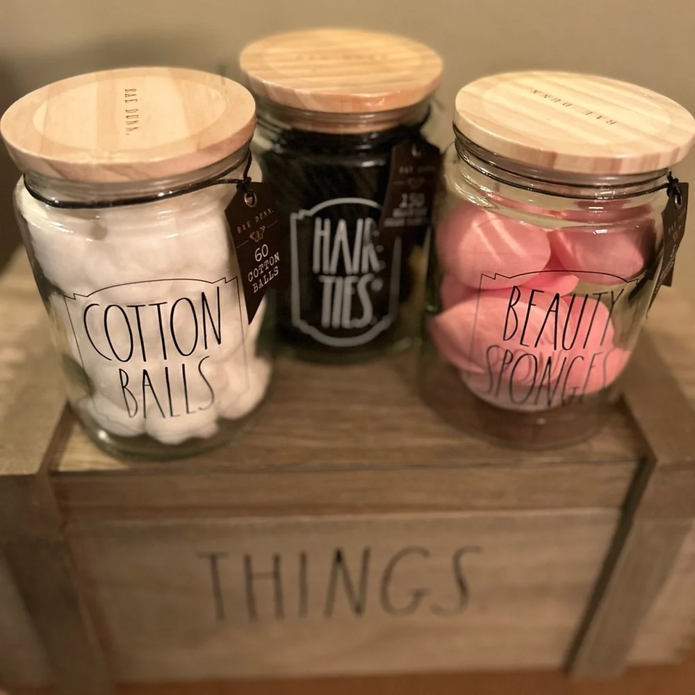 Rae Dunn set of 3 canisters. Cotton balls, hair ties & beauty sponges - Picture 2 of 3